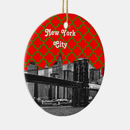 NYC Brooklyn Bridge Red Green Quatrefoil Xmas Keramisch Ornament (Rechts)