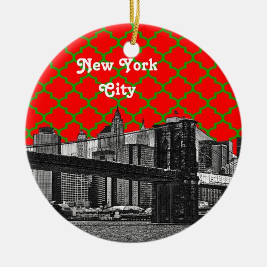 NYC Brooklyn Bridge Red Green Quatrefoil Xmas Keramisch Ornament (Voorkant)