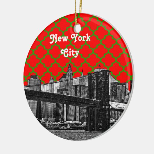 NYC Brooklyn Bridge Red Green Quatrefoil Xmas Keramisch Ornament (Links)