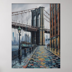 NYC Brooklyn Bridge Regenachtige Dag Waterfront Sc Poster