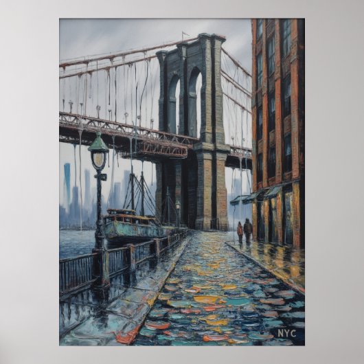 NYC Brooklyn Bridge Regenachtige Dag Waterfront Sc Poster (Voorkant)