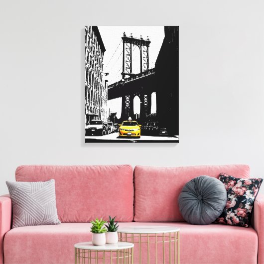 Nyc Brooklyn Bridge Yellow Taxi New York City Canvas Afdruk (Insitu (Woonkamer))