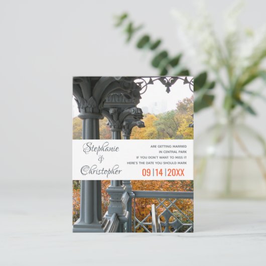 NYC Central Park Damas Pavilion Wedding Save The Date (Staand voorkant)