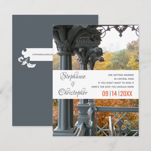 NYC Central Park Damas Pavilion Wedding Save The Date (Voorkant / Achterkant)