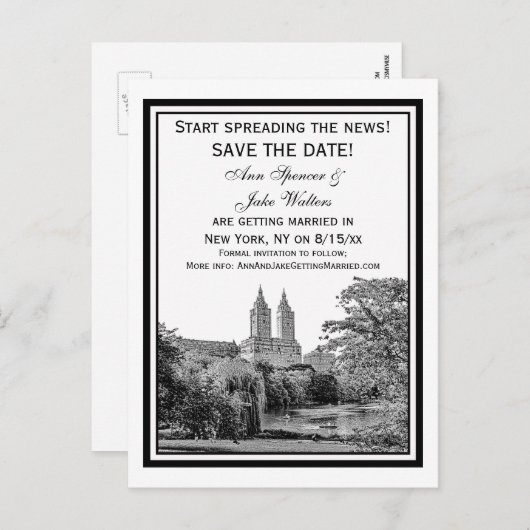 NYC Central Pk Lake San Remo Etch SQ Save the Date Aankondigingskaart (Voorkant / Achterkant)