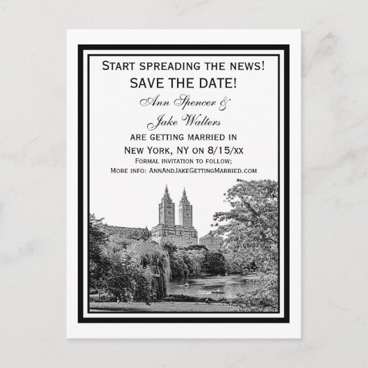 NYC Central Pk Lake San Remo Etch SQ Save the Date Aankondigingskaart (Voorkant)