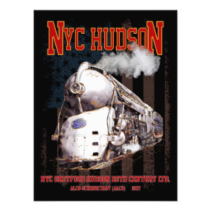 NYC Dreyfuss Hudson-locomotief. Amerikaanse vlag Foto Afdruk