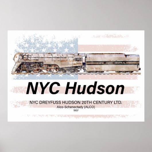 NYC Dreyfuss Hudson Locomotive. American flag Poster (Voorkant)