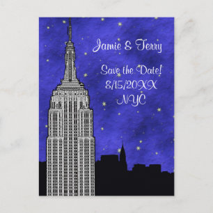NYC ESB Silhouet Skyline Blauwe Sterren Datum Opsl Aankondigingskaart