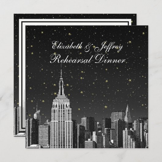 NYC ESB Skyline Etched Black Star Rehearsal Dinner Kaart (Voorkant / Achterkant)