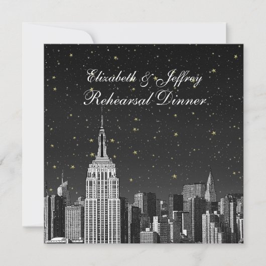 NYC ESB Skyline Etched Black Star Rehearsal Dinner Kaart (Voorkant)
