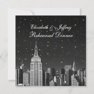 NYC ESB Skyline Etched Black Star Rehearsal Dinner Kaart