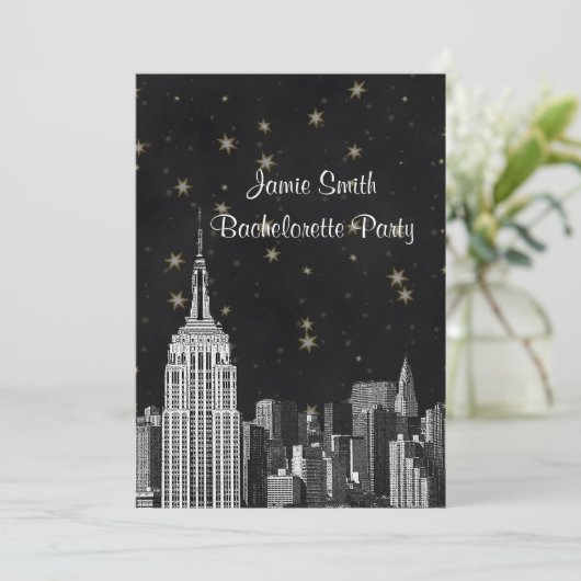 NYC ESB Skyline Etched Black Starry Bachelorette V Kaart (Staand voorkant)