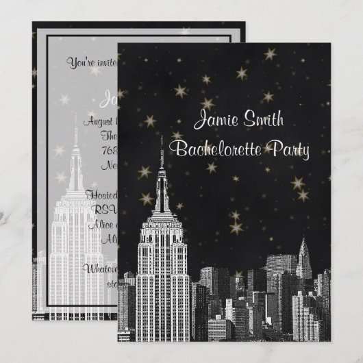NYC ESB Skyline Etched Black Starry Bachelorette V Kaart (Voorkant / Achterkant)