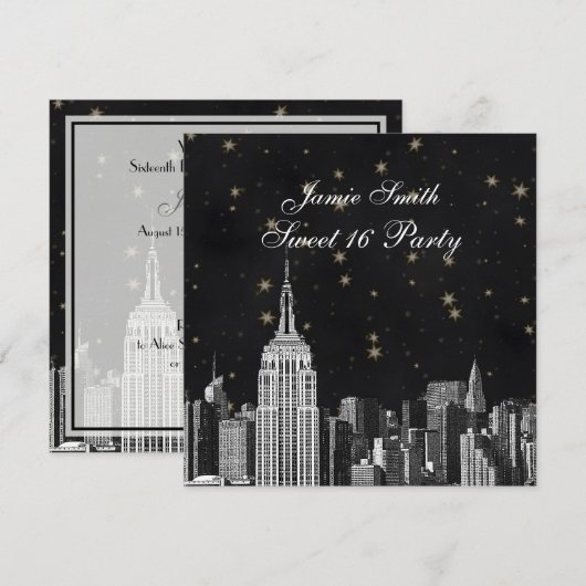 NYC ESB Skyline Etched Black Starry Sweet 16 Kaart (Voorkant / Achterkant)