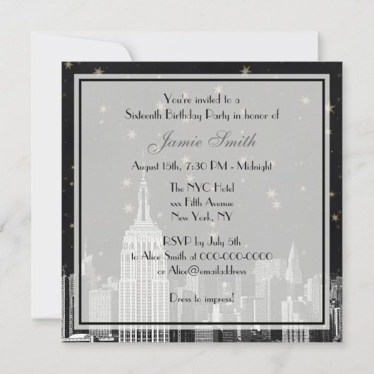 NYC ESB Skyline Etched Black Starry Sweet 16 Kaart (Achterkant)