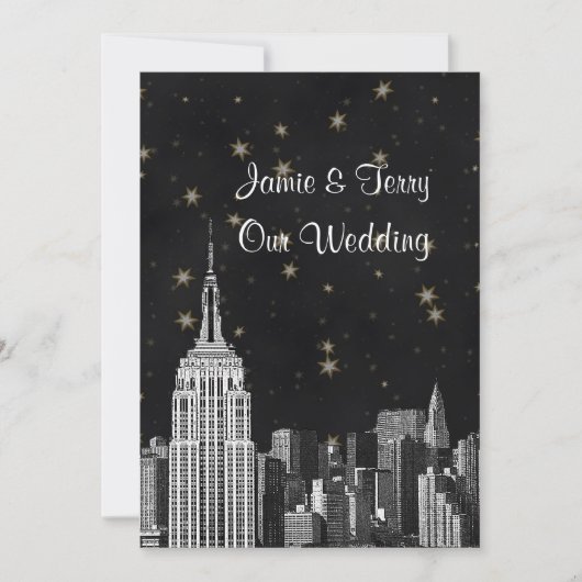 NYC ESB Skyline Etched Black Starry Wedding Kaart (Voorkant)