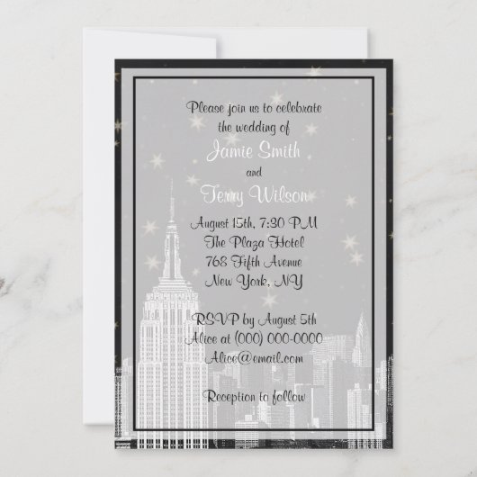 NYC ESB Skyline Etched Black Starry Wedding Kaart (Achterkant)