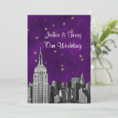 NYC ESB Skyline Etched Paarse Starry Wedding Kaart (Staand voorkant)