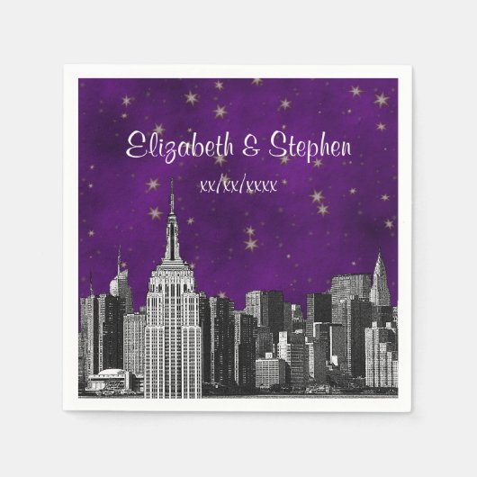 NYC ESB Skyline Etched Paarse Starry Wedding Servetten (Voorkant)