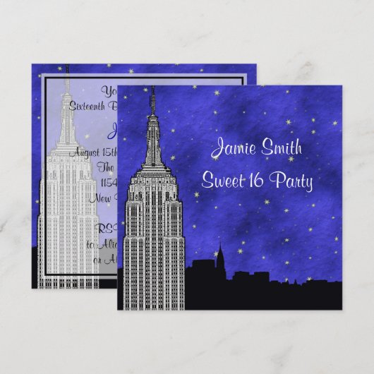 NYC ESB Skyline Silhouet Blauw Sterren BG Sweet 16 Kaart (Voorkant / Achterkant)
