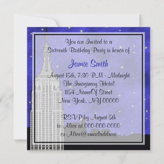 NYC ESB Skyline Silhouet Blauw Sterren BG Sweet 16 Kaart (Achterkant)