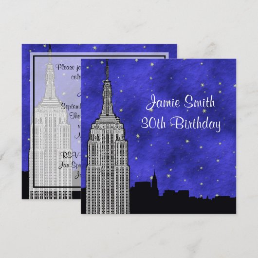 NYC ESB Skyline Silhouet Blauw Sterren BG Verjaard Kaart (Voorkant / Achterkant)