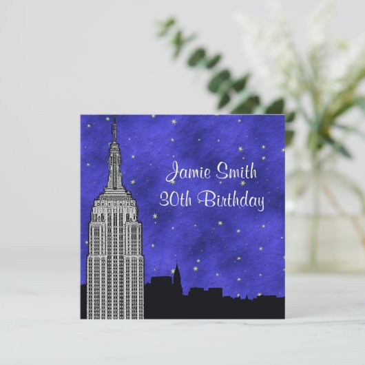 NYC ESB Skyline Silhouet Blauw Sterren BG Verjaard Kaart (Staand voorkant)