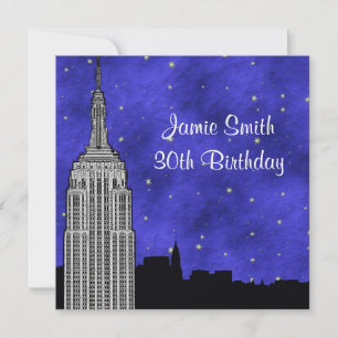 NYC ESB Skyline Silhouet Blauw Sterren BG Verjaard Kaart
