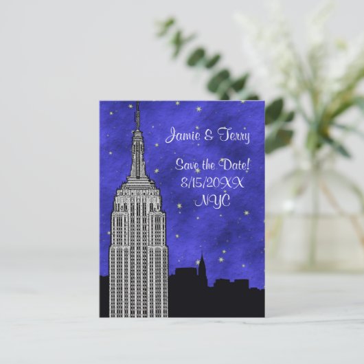 NYC ESB Skyline Silhouette Blue Starry Save Date Aankondigingskaart (Staand voorkant)