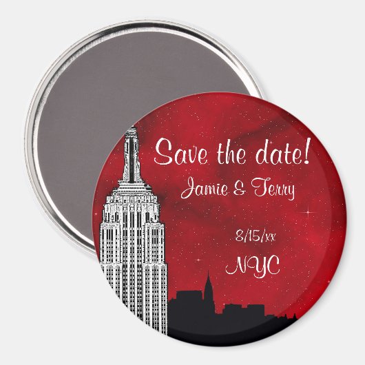 NYC ESB Skyline Silhouette Red Star Save Date R Magneet (Voorkant / Achterkant)
