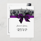 NYC Etched Fisheye Skyline BW Paars RSVP 1 Uitnodiging Briefkaart (Voorkant / Achterkant)