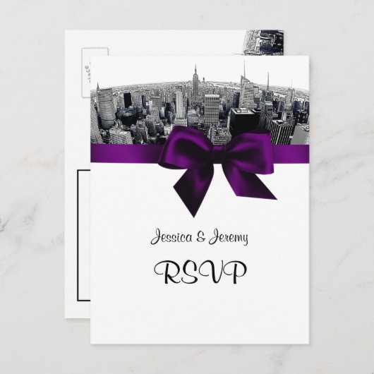 NYC Etched Fisheye Skyline BW Paars RSVP 1 Uitnodiging Briefkaart (Voorkant / Achterkant)