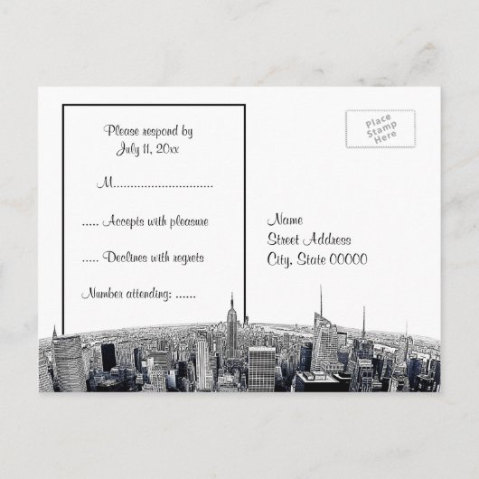 NYC Etched Fisheye Skyline BW Paars RSVP 1 Uitnodiging Briefkaart (Achterkant)