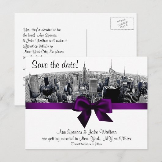 NYC Etched Fisheye Skyline BW Paars Save the Date Aankondigingskaart (Voorkant / Achterkant)