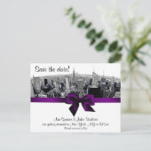 NYC Etched Fisheye Skyline BW Paars Save the Date Aankondigingskaart (Staand voorkant)