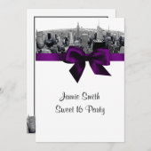 NYC Etched Fisheye Skyline BW Paars Sweet 16 Kaart (Voorkant / Achterkant)