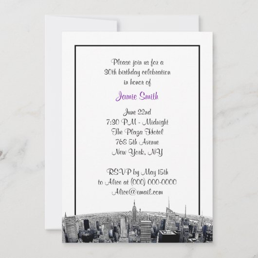 NYC Etched Fisheye Skyline BW Paarse Verjaardag Kaart (Achterkant)