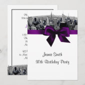 NYC Etched Fisheye Skyline BW Paarse Verjaardag Kaart (Voorkant / Achterkant)