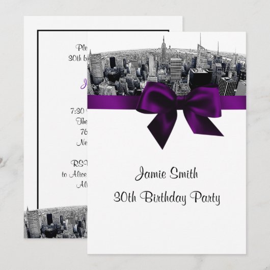 NYC Etched Fisheye Skyline BW Paarse Verjaardag Kaart (Voorkant / Achterkant)