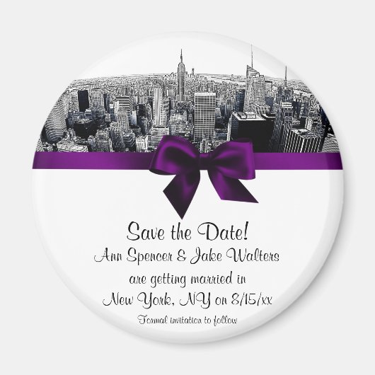 NYC Etched Fisheye Skyline BW Purp Save the Date R Magneet (Voorkant)