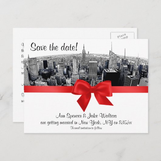 NYC Etched Fisheye Skyline BW Red bewaart de datum Aankondigingskaart (Voorkant / Achterkant)