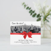 NYC Etched Fisheye Skyline BW Red bewaart de datum Aankondigingskaart (Staand voorkant)