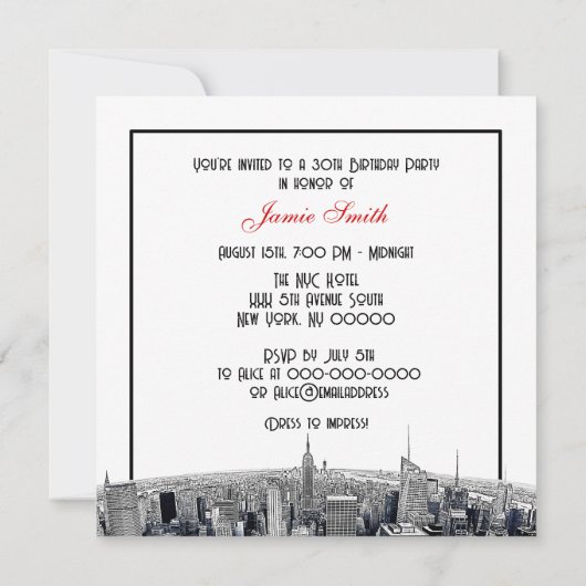 NYC Etched Fisheye Skyline BW Red Birthday SQ Kaart (Achterkant)
