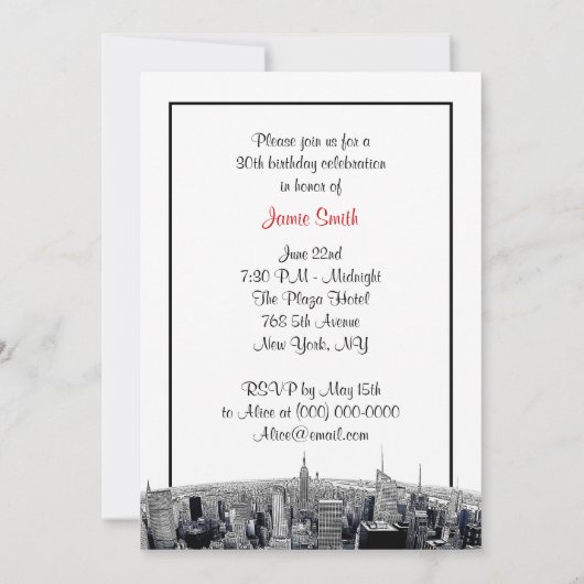 NYC Etched Fisheye Skyline BW Rode Verjaardag Kaart (Achterkant)