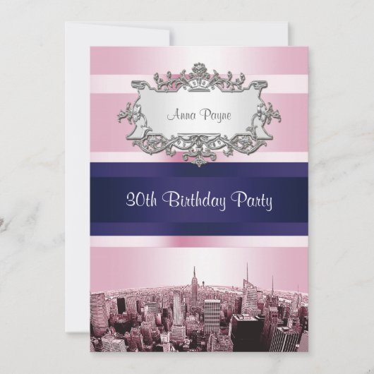 NYC Etched Skyline 2 Pink BG, Blue Ribbon Birthday Kaart (Voorkant)