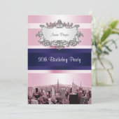 NYC Etched Skyline 2 Pink BG, Blue Ribbon Birthday Kaart (Staand voorkant)