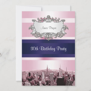 NYC Etched Skyline 2 Pink BG, Blue Ribbon Birthday Kaart