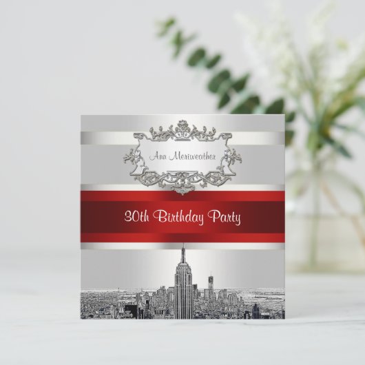 NYC Etched Skyline, White BG, Red Ribbon Birthday Kaart (Staand voorkant)