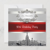 NYC Etched Skyline, White BG, Red Ribbon Birthday Kaart (Voorkant)